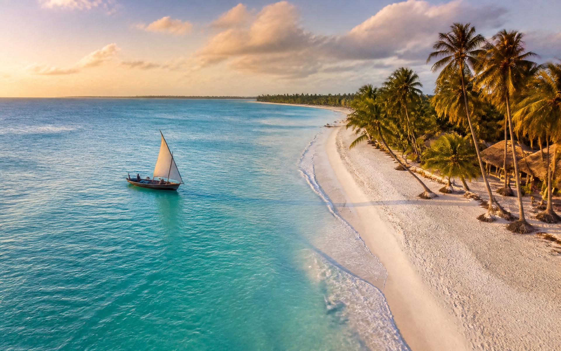 Turquoise Zanzibar coastline at sunset